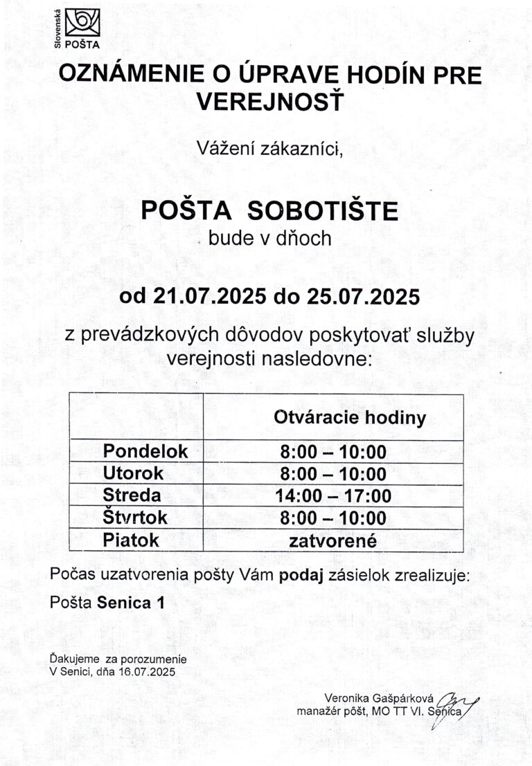 Pošta Sobotište – úprava otváracích hodín