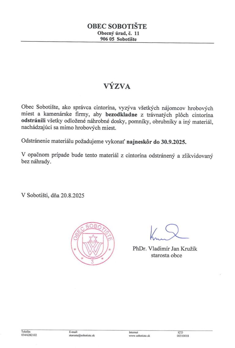 Výzva – upratanie cintorína do 30.09.2025