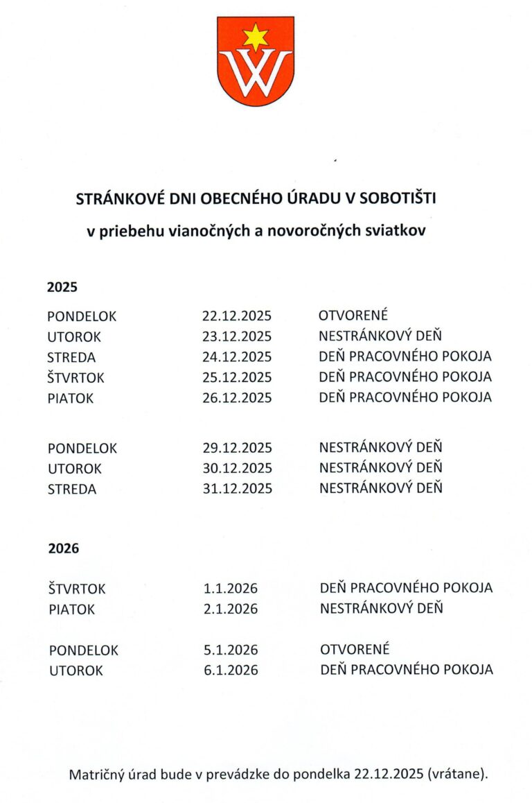 Stránkové dni obecného úradu v priebehu vianočných a novoročných sviatkov