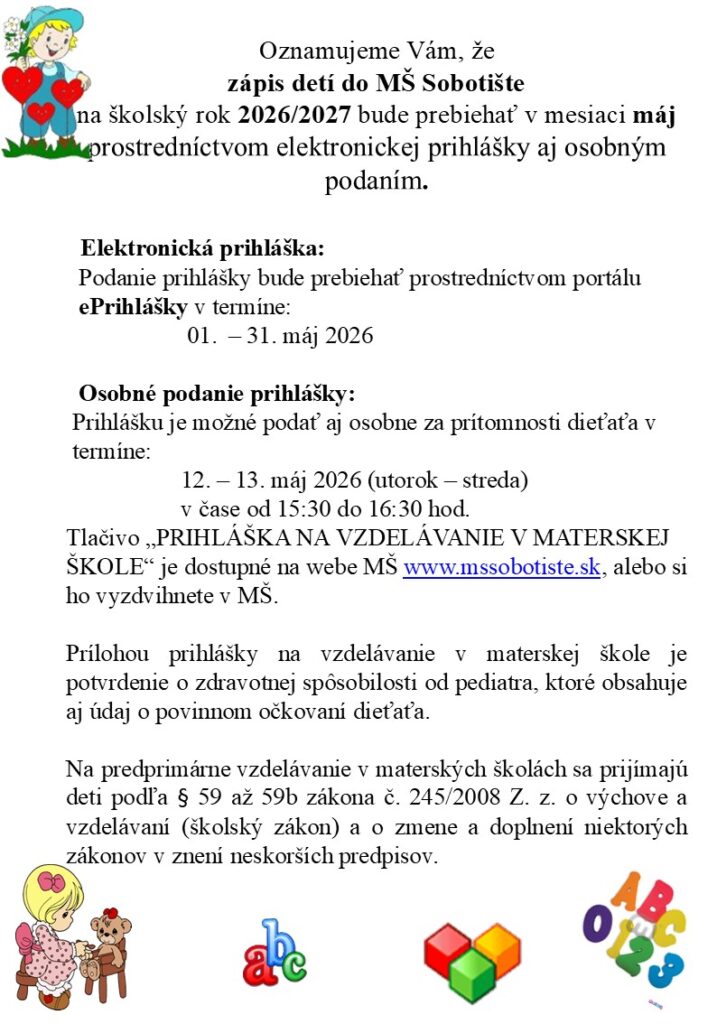 Zápis detí do MŠ Sobotište